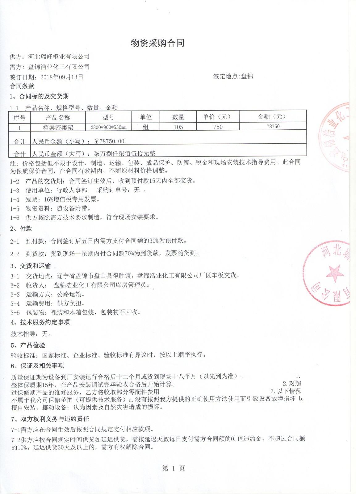 遼寧盤錦浩業(yè)化工密集柜項目